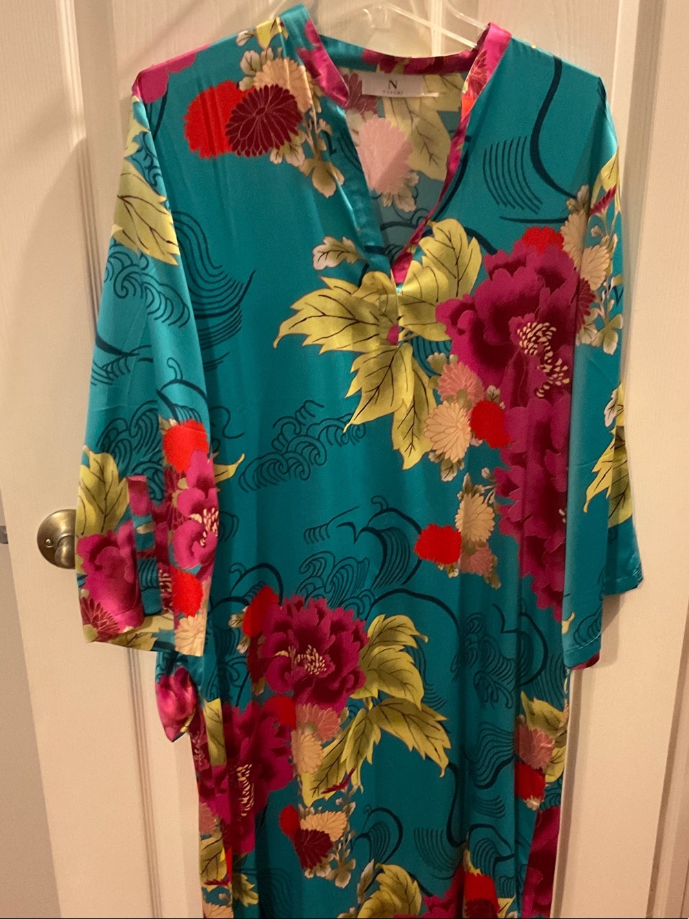 Natori Teal Caftan with Magenta and Red Floral Print